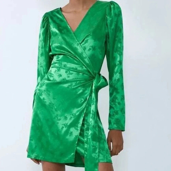 Zara Satin Effect Robe Wrap Long Sleeve Mini Dress Green Size Small - Picture 10 of 10
